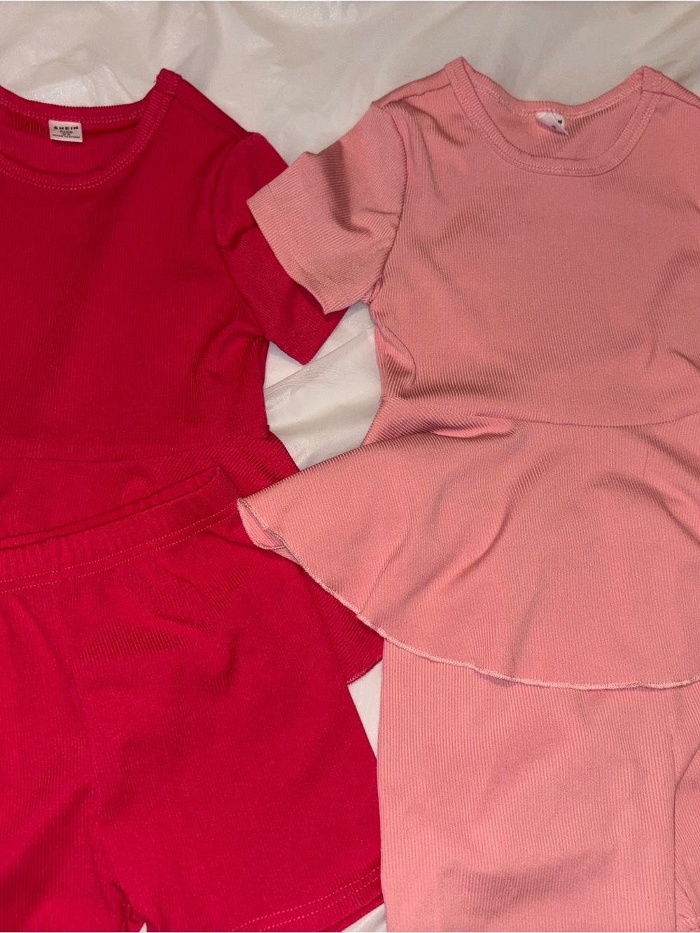 Girls' Ribbed Peplum Top & Shorts Matching Set - Hot Pink & Light Pink